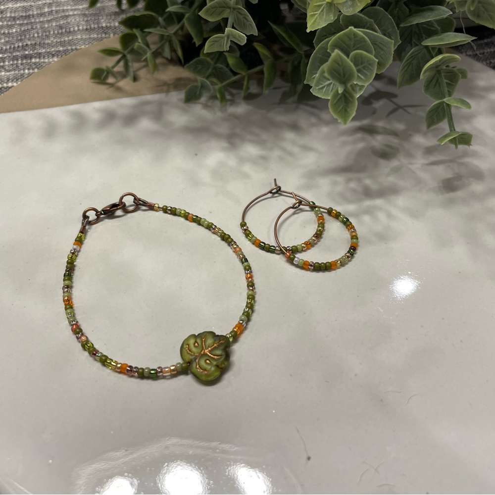 Handmade Boho Fall Leaf Beaded Bracelet and Earring set